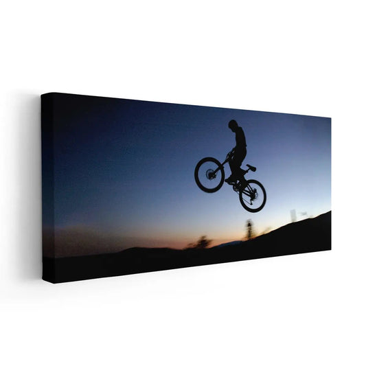 Extreme biker jump in minimalist style — large canvas wall art with dusk palette ideal for an uplifting office or workout room atmosphere