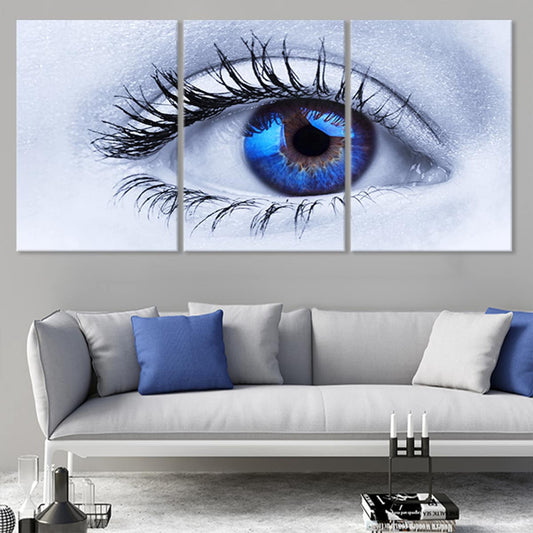 Modern abstract blue eye artwork — large canvas wall art, cool sapphire tones adding peaceful contemporary interior style