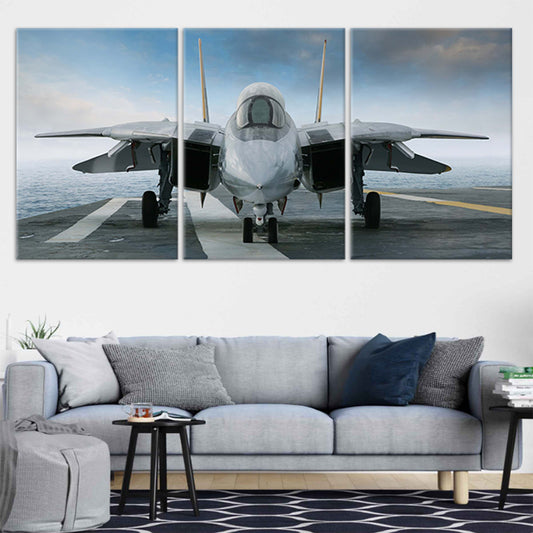 F-14 Tomcat fighter jet on runway — bold canvas wall art for living room or office, symbolizing speed and strength.
