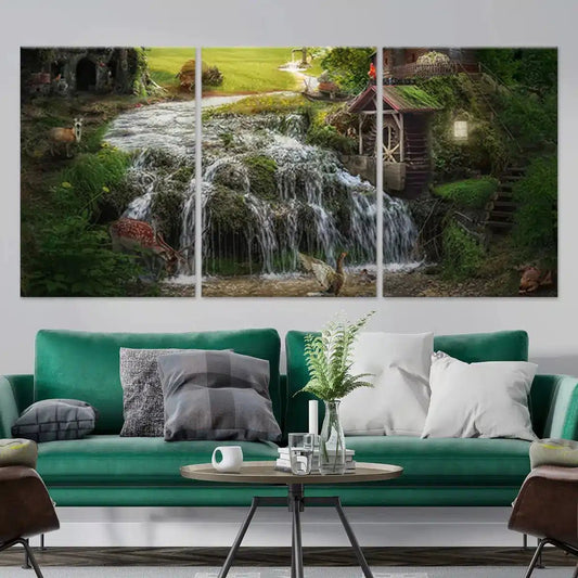 Calming forest waterfall scene canvas wall art for living room decor, adding a peaceful atmosphere with soft greens and gentle flow