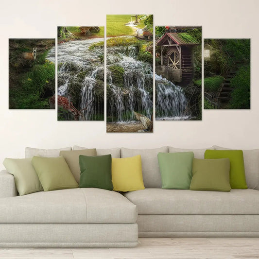 Enchanted woodland waterfall in modern canvas wall art, warm green tones bringing uplifting nature vibes to a bedroom space