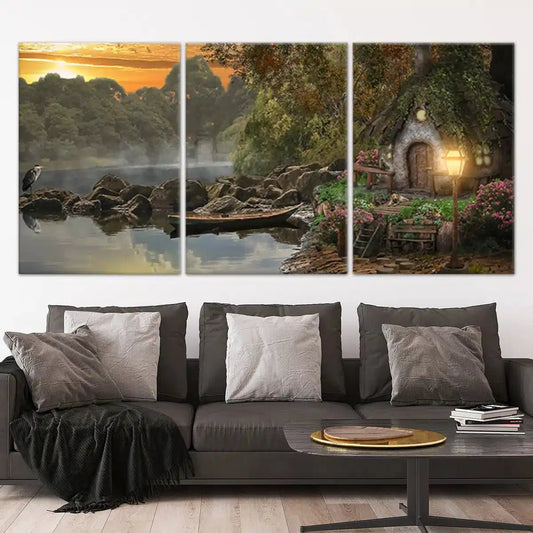Fairy-tale cottage by the lake canvas wall art for a peaceful living room, adding magical forest warmth and inspiring fantasy charm to your décor