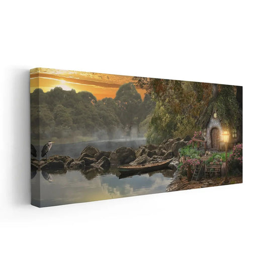 Enchanted woodland cottage glowing at sunset — modern canvas wall art in warm golden palette perfect for creating a calming bedroom atmosphere