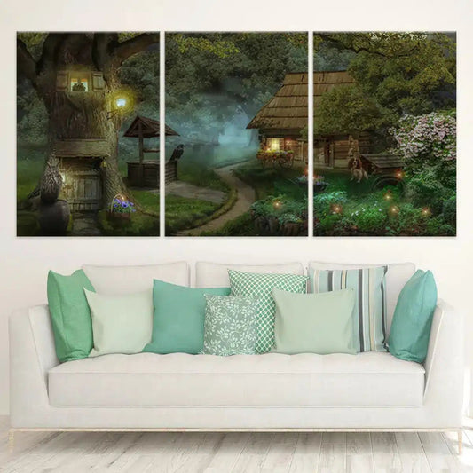 Enchanted forest cabin canvas wall art for living room, creating a peaceful fairy-tale atmosphere with warm glowing woodland tones.