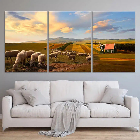 Sheep pasture landscape canvas wall art for living room, capturing a peaceful countryside sunset scene to enhance warm rustic décor.