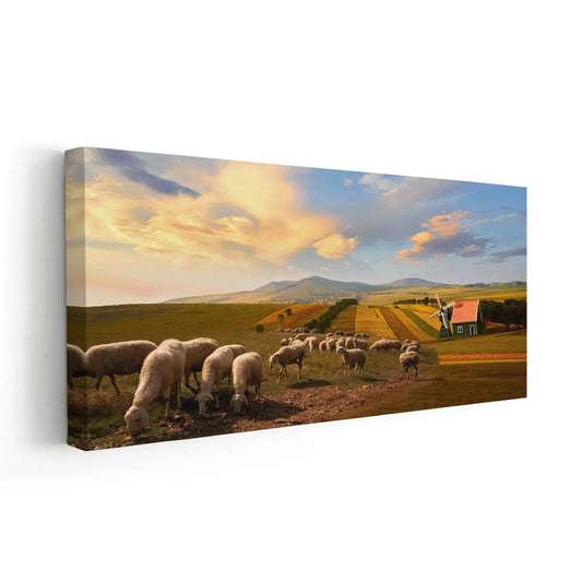 Countryside farm scene large canvas art with golden fields and calm skies, perfect for creating a serene bedroom atmosphere.