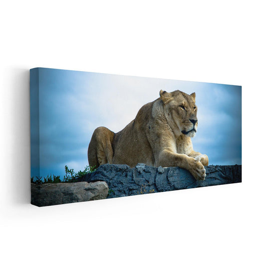 Resting lioness in soft blue palette — large canvas wall art perfect for bedroom décor, creating a peaceful and uplifting safari atmosphere.