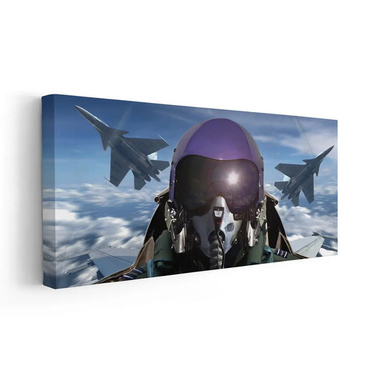 Jet pilot ready for flight — large canvas wall art with dramatic tones, perfect for office or aviation-inspired home décor.