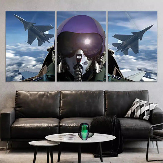 Fighter jet pilot in cockpit — heroic canvas wall art for living room, symbolizing courage, focus, and aviation excellence.