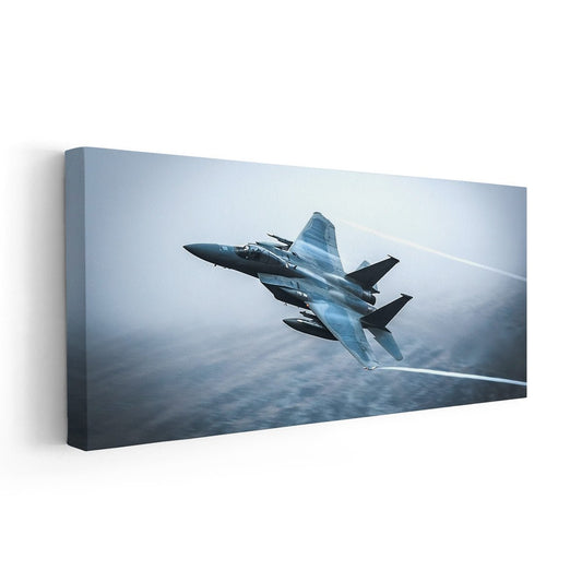 Modern F-15 Eagle artwork — large canvas wall art with bold blue tones, ideal for office or man cave aviation decor.