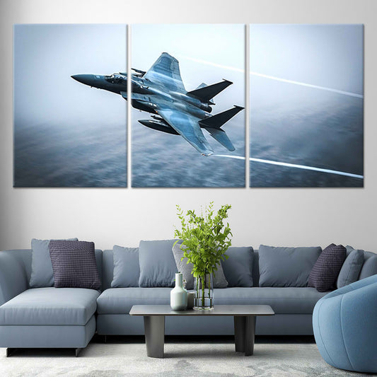 F-15 fighter jet in flight — striking canvas wall art for living room, symbolizing power, speed, and precision.