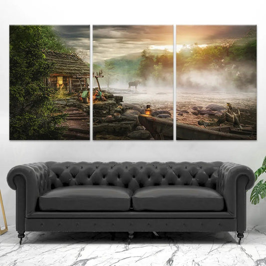 Woodland cabin canvas wall art for living room decor, capturing a peaceful forest scene with soft sunset tones for a calming home aesthetic.