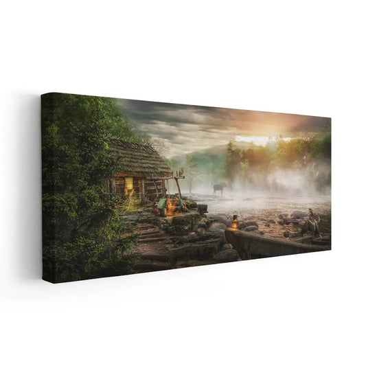 Riverside cottage Large canvas art in warm rustic tones, perfect as uplifting bedroom wall decor for a nature-inspired home atmosphere.