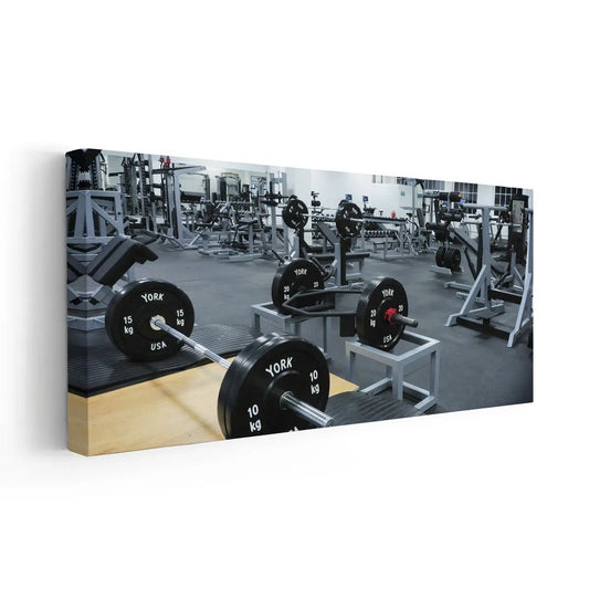 Barbell rack scene — large canvas art with bold monochrome tones, ideal for motivating living room walls with intense training energy