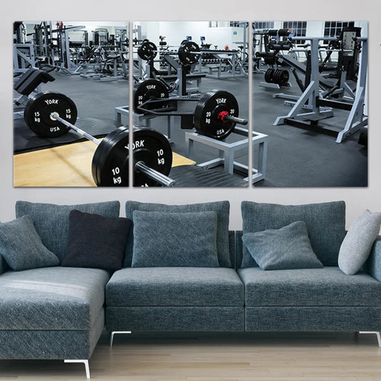 Weightlifting setup canvas wall art for gym or home office, bringing inspiring strength-focused décor for athletes and fitness lovers