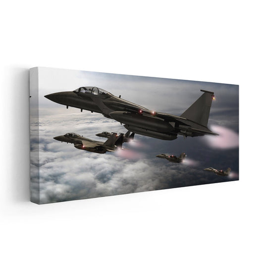 Jet aircraft formation — large canvas wall art featuring sleek F-15 planes soaring above clouds, ideal for aviation enthusiasts.