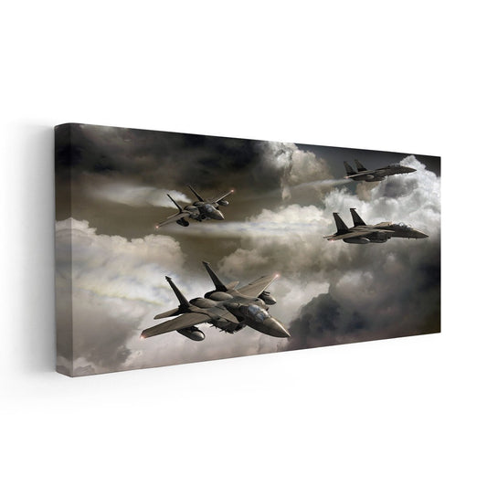 Military fighter jet — detailed large canvas wall art in grayscale palette, symbolizing power and courage for modern décor.