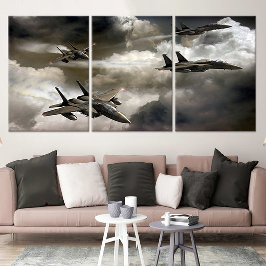 F-15 Strike Eagle jet — dynamic canvas wall art with metallic tones and smoky clouds, perfect for aviation-themed living rooms.