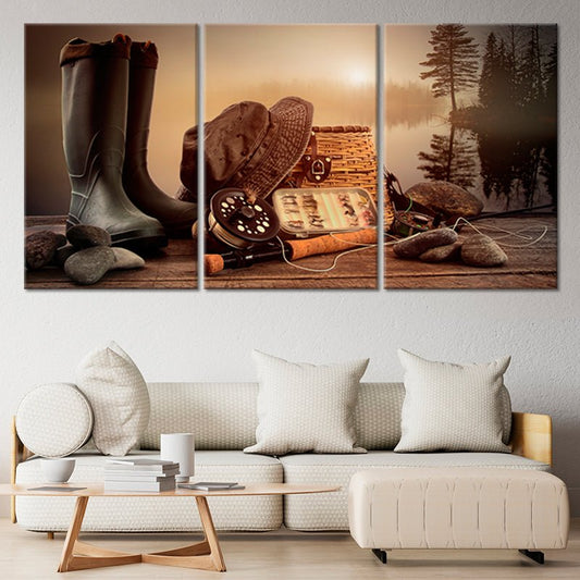 Angler boots and fly rod in rustic palette — modern canvas wall art for living room wall art with inspiring outdoor calm