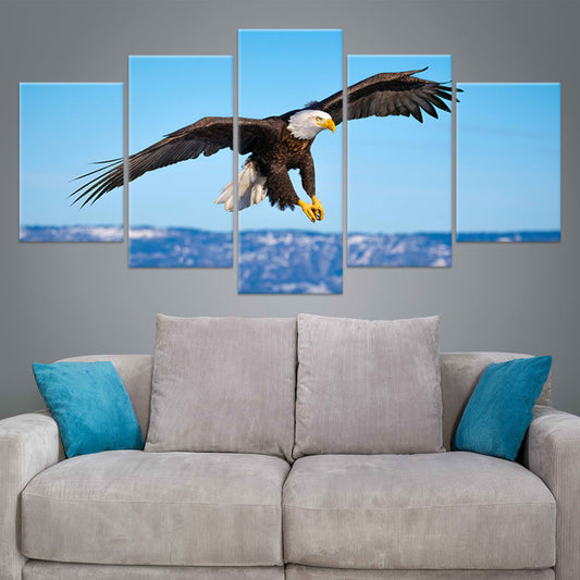 American bald eagle flying — large canvas wall art for living room, blue sky tones creating inspiring wildlife décor for modern spaces.