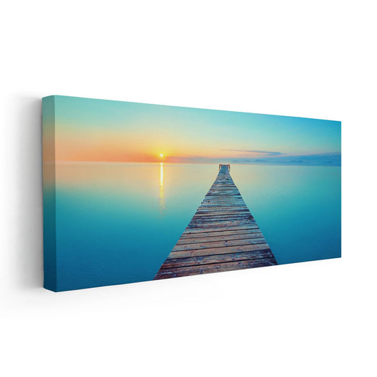 Wooden dock at sunset coastal canvas print for living room wall — warm pastel tones create a peaceful seaside retreat.