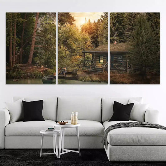 Rustic woodland cabin glowing with sunset light — modern canvas wall art in warm earthy palette ideal for creating a peaceful bedroom setting