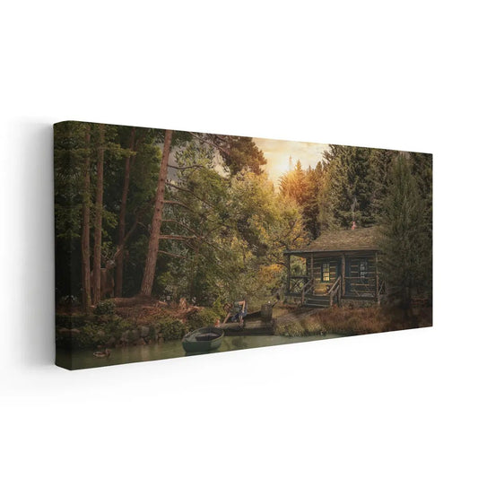 Forest cabin at golden sunset canvas wall art for a cozy living room, adding calming woodland warmth and rustic charm to nature-inspired décor