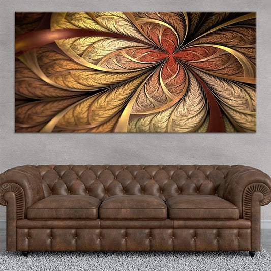Gold fractal flower — radiant canvas wall art with intricate symmetry and depth, ideal for adding elegance to living room décor.