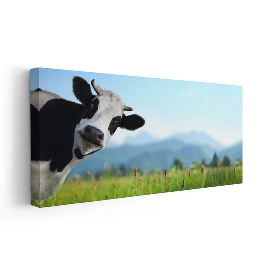 Whimsical farm cow with blue sky background — large canvas wall art, perfect for nursery or children’s bedroom decoration.