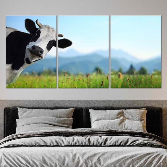 Funny highland cow peeking over green field — modern canvas wall art for kids’ room, playful and cheerful farmhouse décor.
