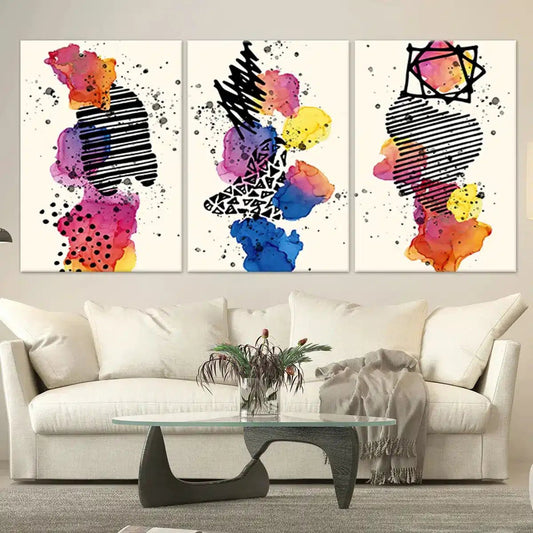 Vibrant watercolor shapes — modern canvas wall art, abstract color splash perfect for brightening living room décor.