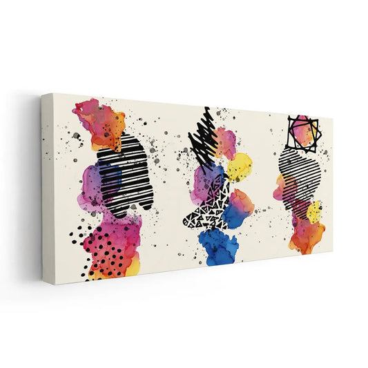 Colorful geometric watercolor forms — large canvas wall art, uplifting and stylish centerpiece for bedroom or office.