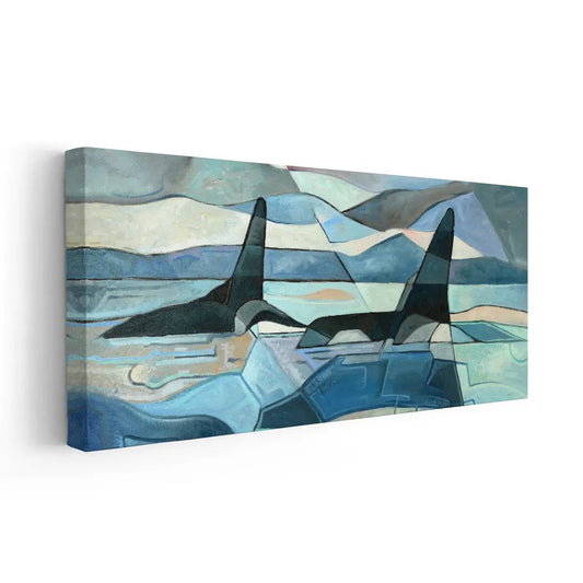 Orca whales in geometric style — contemporary canvas wall art for bedroom, symbolizing harmony and calm in ocean-themed décor.