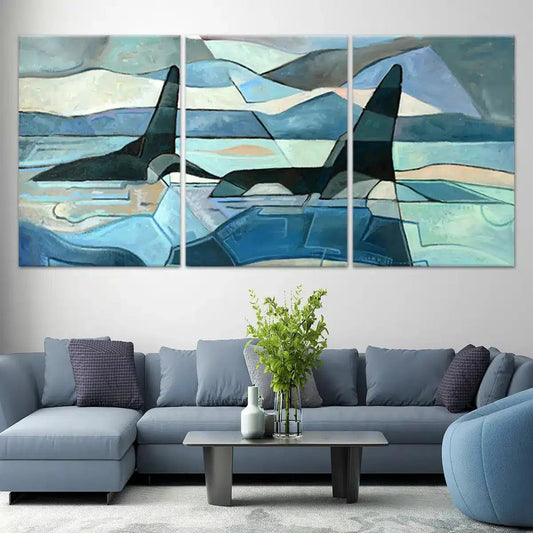 Geometric orca whales — modern canvas wall art for living room, soothing blue tones creating a peaceful ocean-inspired atmosphere.