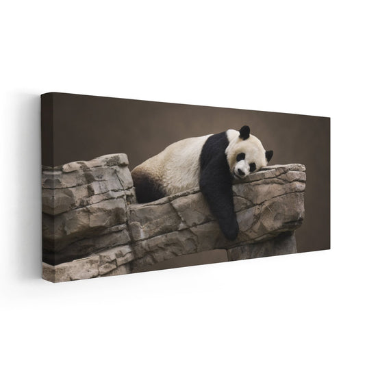Sleepy panda in rustic woodland palette — large canvas wall art ideal for bedroom décor, creating a calming mood with warm natural textures