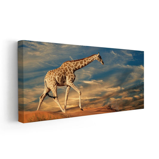 Desert giraffe in warm sunset tones — large canvas wall art perfect for bedroom décor, adding calming golden ambiance to contemporary interiors.