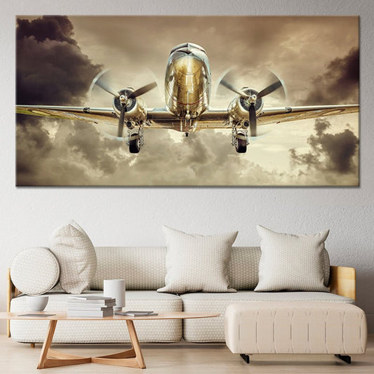Vintage aircraft front view — elegant canvas wall art for living room, celebrating the golden age of aviation.