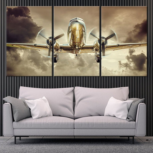 Classic airplane with metallic wings — large canvas wall art that adds history and sophistication to office decor.