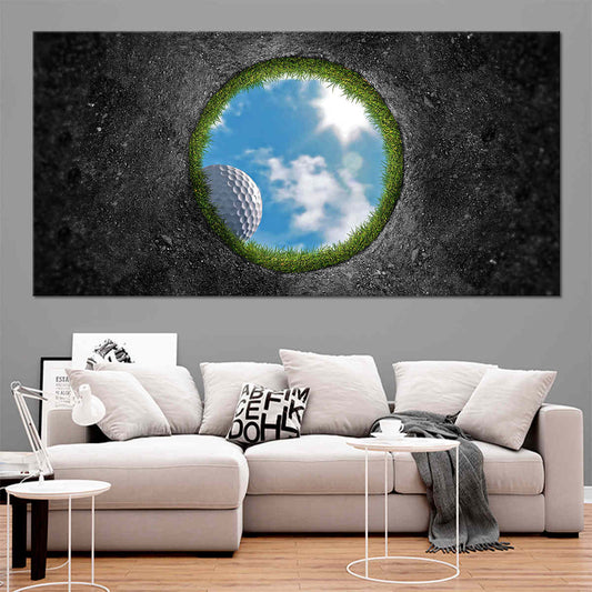 “Glowing earth-golf sphere canvas wall art for office decor, creating an inspiring modern feel ideal for golf enthusiasts.”