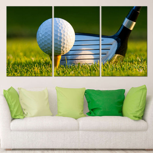Golf ball setup canvas wall art for a calming living room, perfect for adding sporty personality and uplifting decor to your space.