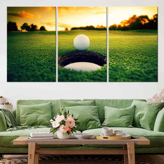 “Sunset golf ball on the green canvas wall art for living room decor, creating a peaceful focal point for golf lovers and modern homes.”