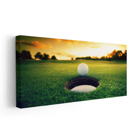“Glowing golf ball at dusk large canvas wall art in warm golden tones, adding an inspiring atmosphere ideal for office or study spaces.”