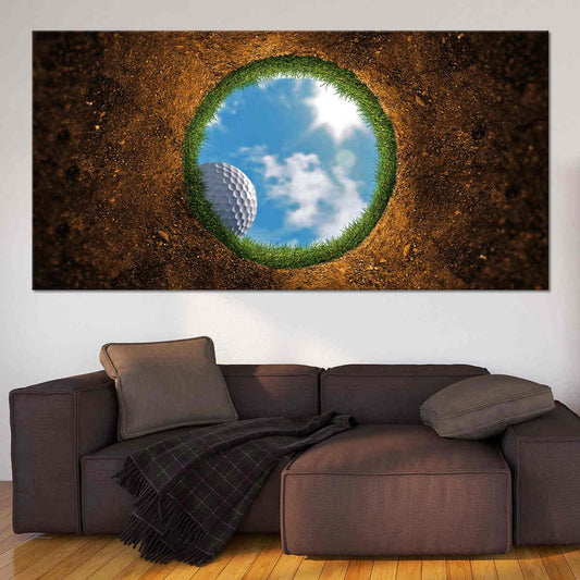 “Golf ball near the hole canvas wall art for living room decor, creating an inspiring focal point for golf lovers and modern interiors.”