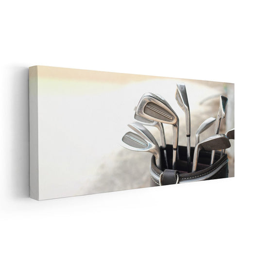“Pro-level golf club set large canvas wall art in sleek chrome tones, adding an uplifting sports presence ideal for office or study walls.”