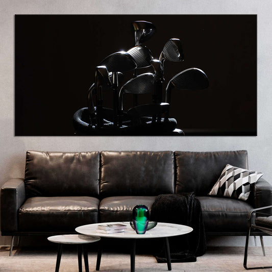 “Black golf club set canvas wall art for living room decor, adding an inspiring modern focal point ideal for golfers who love sleek interiors.”
