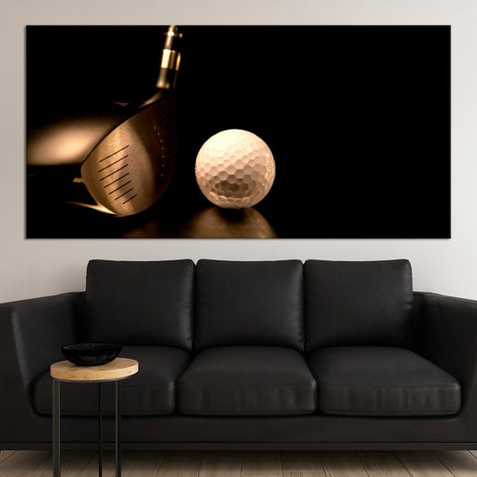 “Golden golf ball on wooden tee canvas wall art for living room decor, adding an inspiring modern touch for golfers and stylish interiors.”
