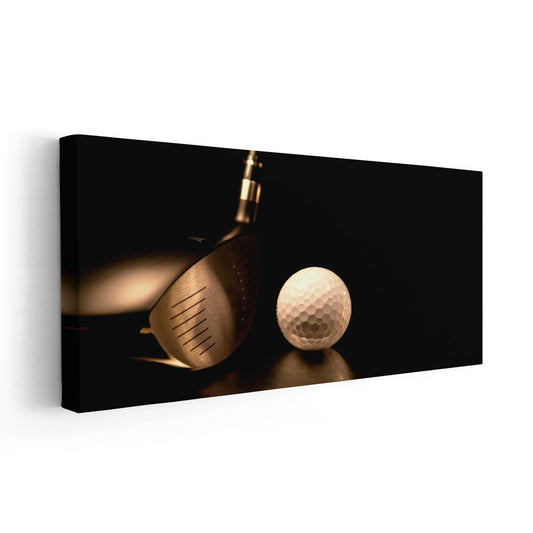“Metallic golf sphere large canvas wall art in warm spotlight tones, creating a calming focal point ideal for contemporary office walls.”