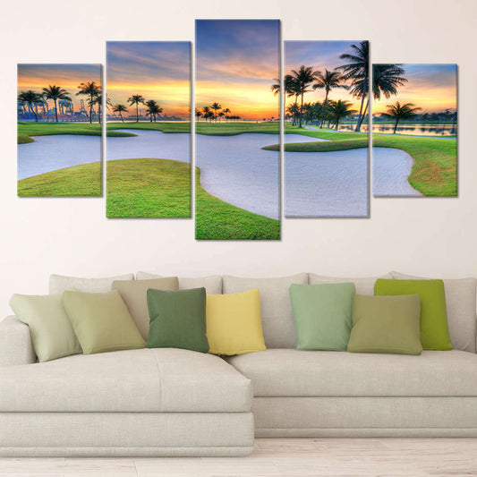 “Coastal golf course seascape large canvas wall art in bright blue tones, adding a calming centerpiece to a stylish office setting.”