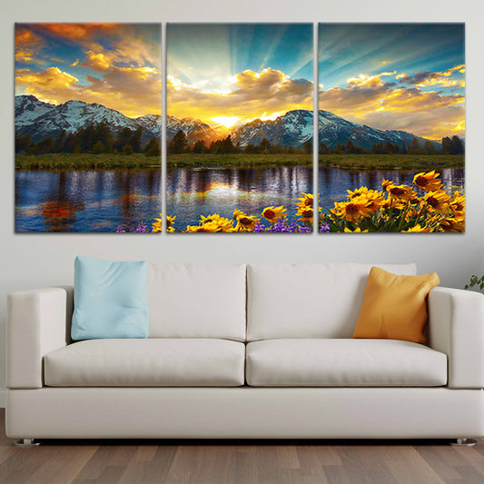 Alpine sunrise view reflecting over calm lake Large canvas art bringing a peaceful bedroom mood with warm morning light and floral foreground