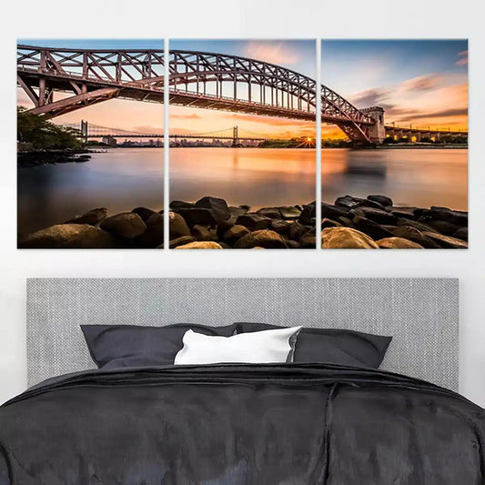 Hell Gate Bridge at sunset — large canvas wall art for living room, warm golden glow creates a calming and elegant ambiance.
